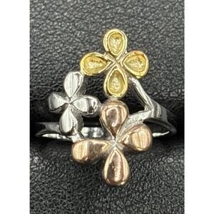 New Condition Sterling Silver Rose Gold Tri Color Plumeria Ring Size 7